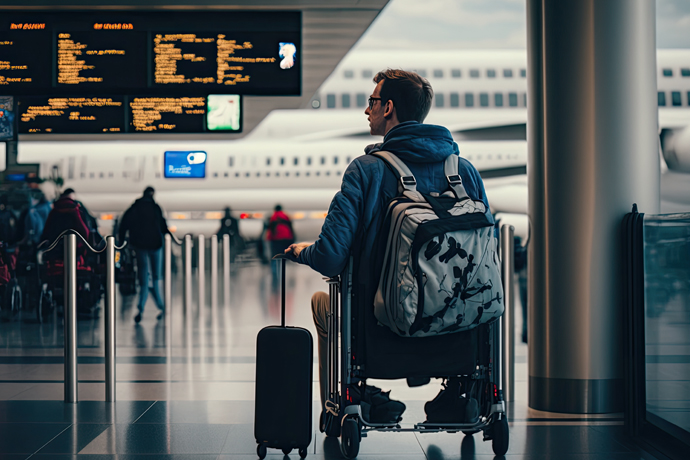 Hombre joven llegando al aeropuerto en silla de ruedas