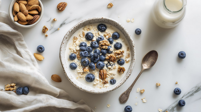 Bowl con alimentos ricos en antioxidantes para prevenir las petequias causadas por estrés.